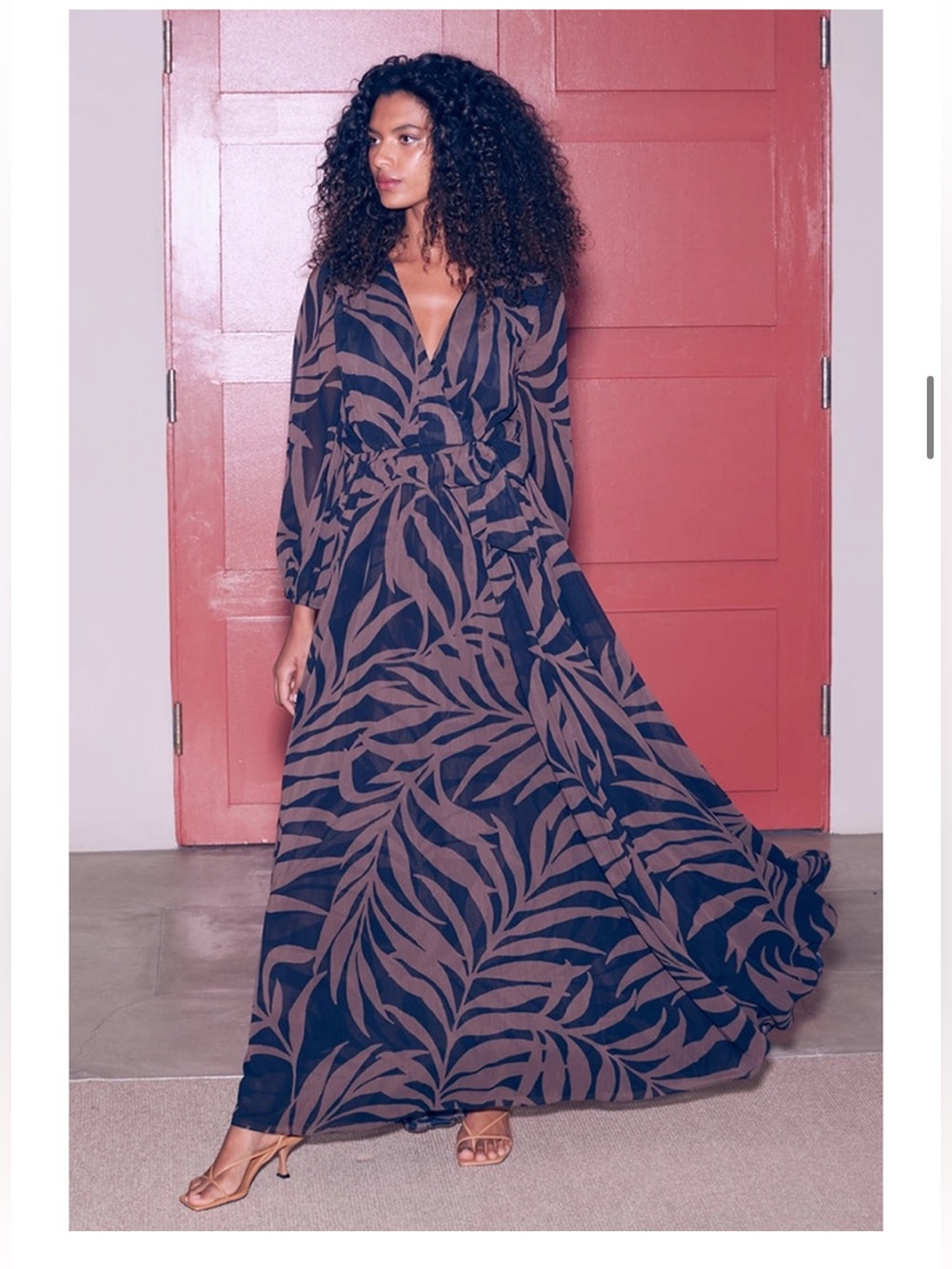 Misa Los Angeles Navy Maxi Dress with Brown Leaf Print
